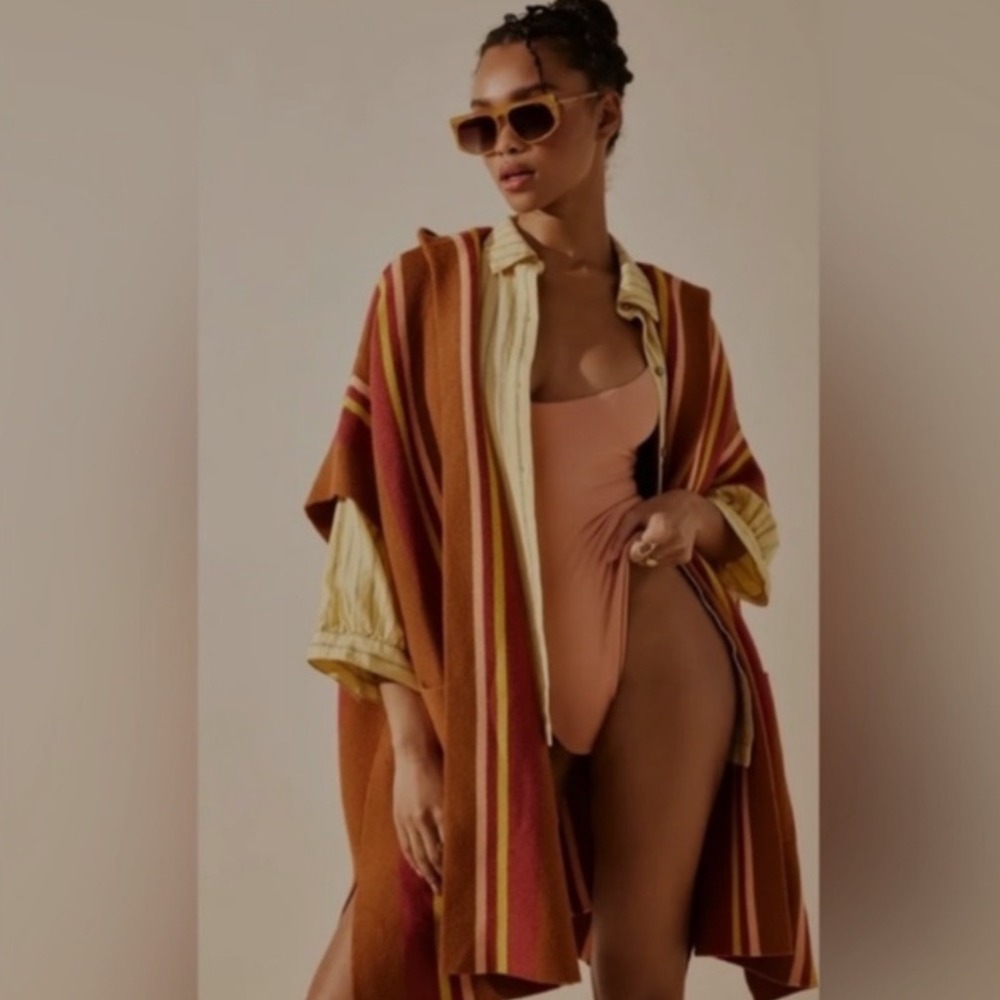 Free People All I Need Striped Poncho Bohemian Hoodie Brown Beachy Oversized XL - Picture 3 of 11
